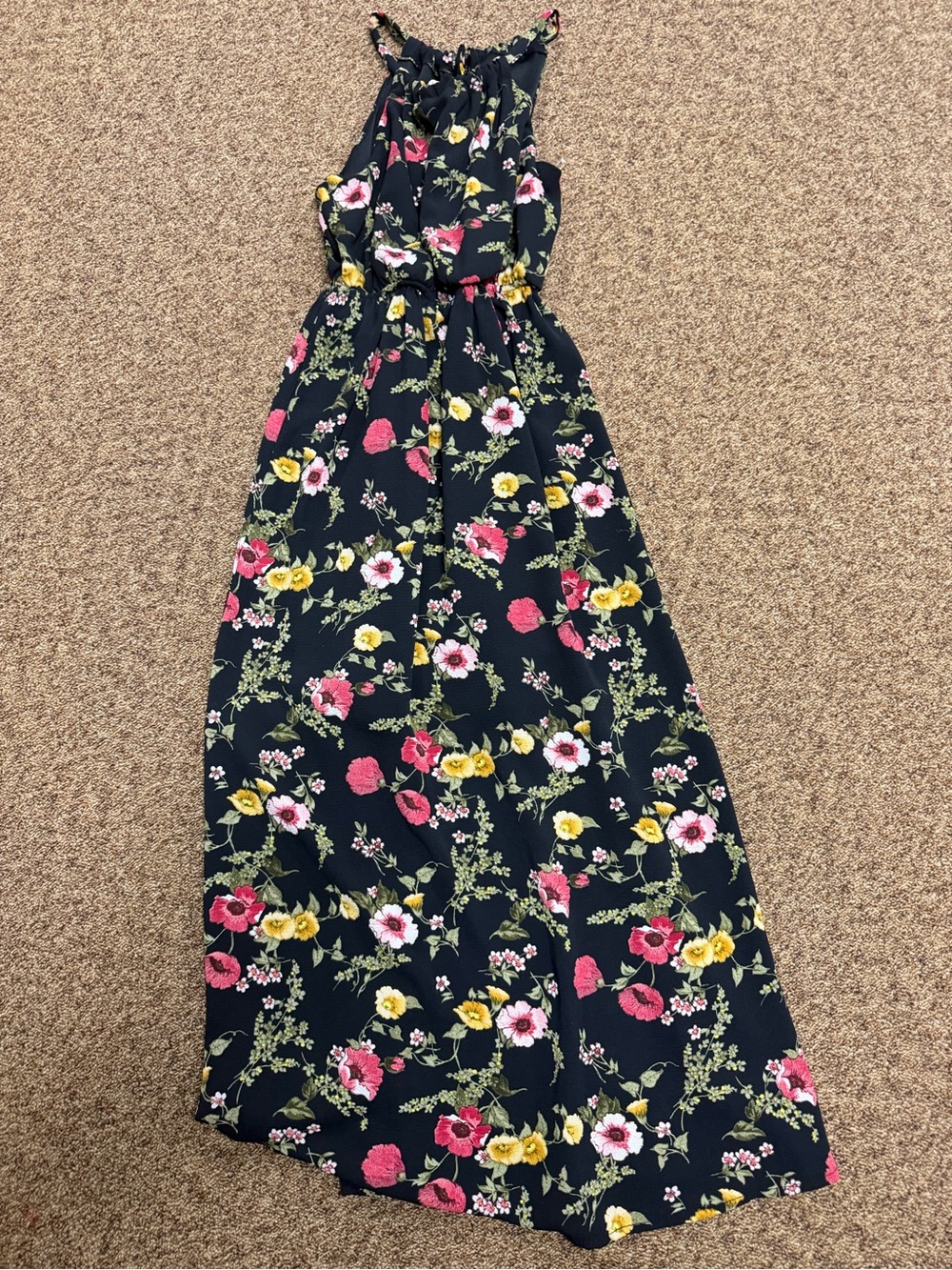 Monteau Navy Floral Maxi Dress with Pink & Yellow Blooms